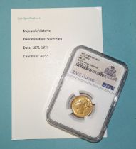 A Queen Victoria 1872 sovereign from RMS Douro shipwreck, slabbed by NGC and graded AU55, in Royal