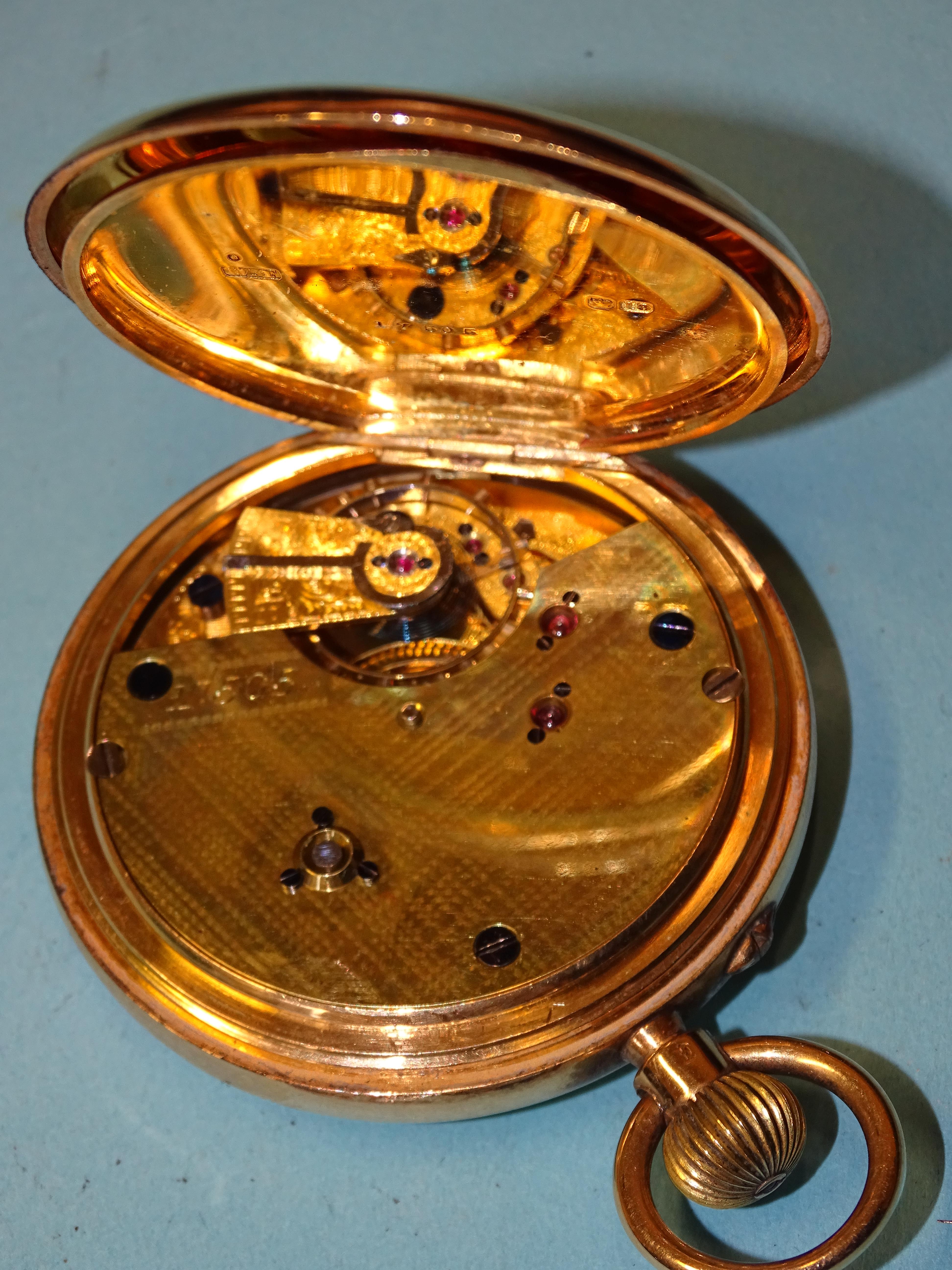 An 18ct gold hunter-cased keyless pocket watch, the white enamel dial with Roman numerals and - Image 3 of 3