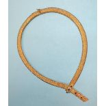 A gold collar necklace of textured ribbon design claw-set five each brilliant-cut diamonds and