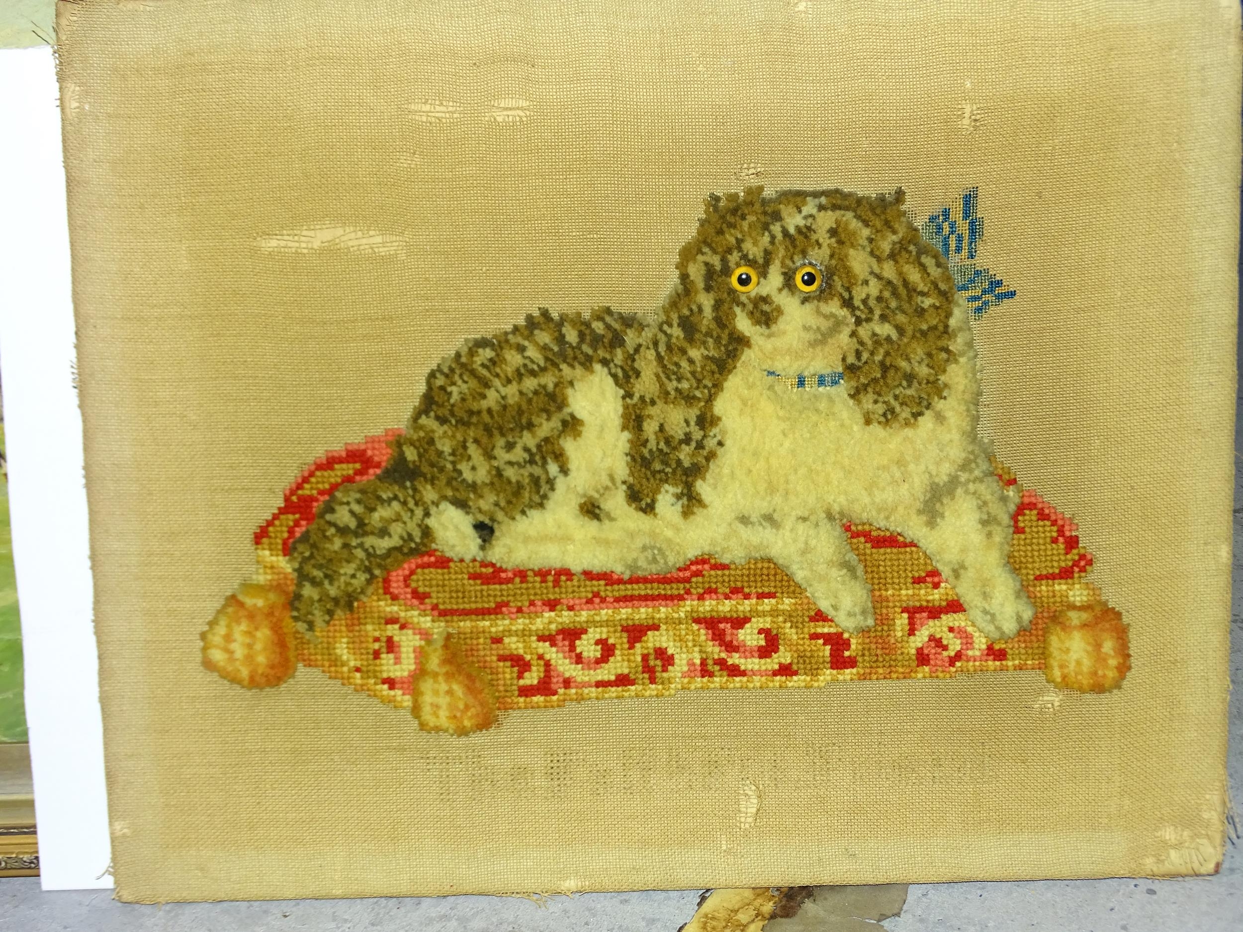 J Adamson, 'Lining up for the start', oil on board, 40 x 54cm, a wool-work picture of a cat and - Image 2 of 4