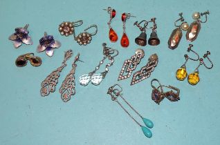 A quantity of gem-set and other drop earrings, twelve pairs, mainly silver.