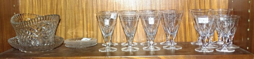 A set of eight Victorian plain conical wine glasses, each with a band of etched decoration and other