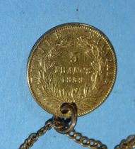 A Napoleon III 1859 gold 5-franc coin, (holed), on plated chain.