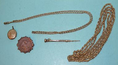 A 9ct gold toothpick, 55mm closed, two base metal guard chains, a gilt metal hair locket and an 1856
