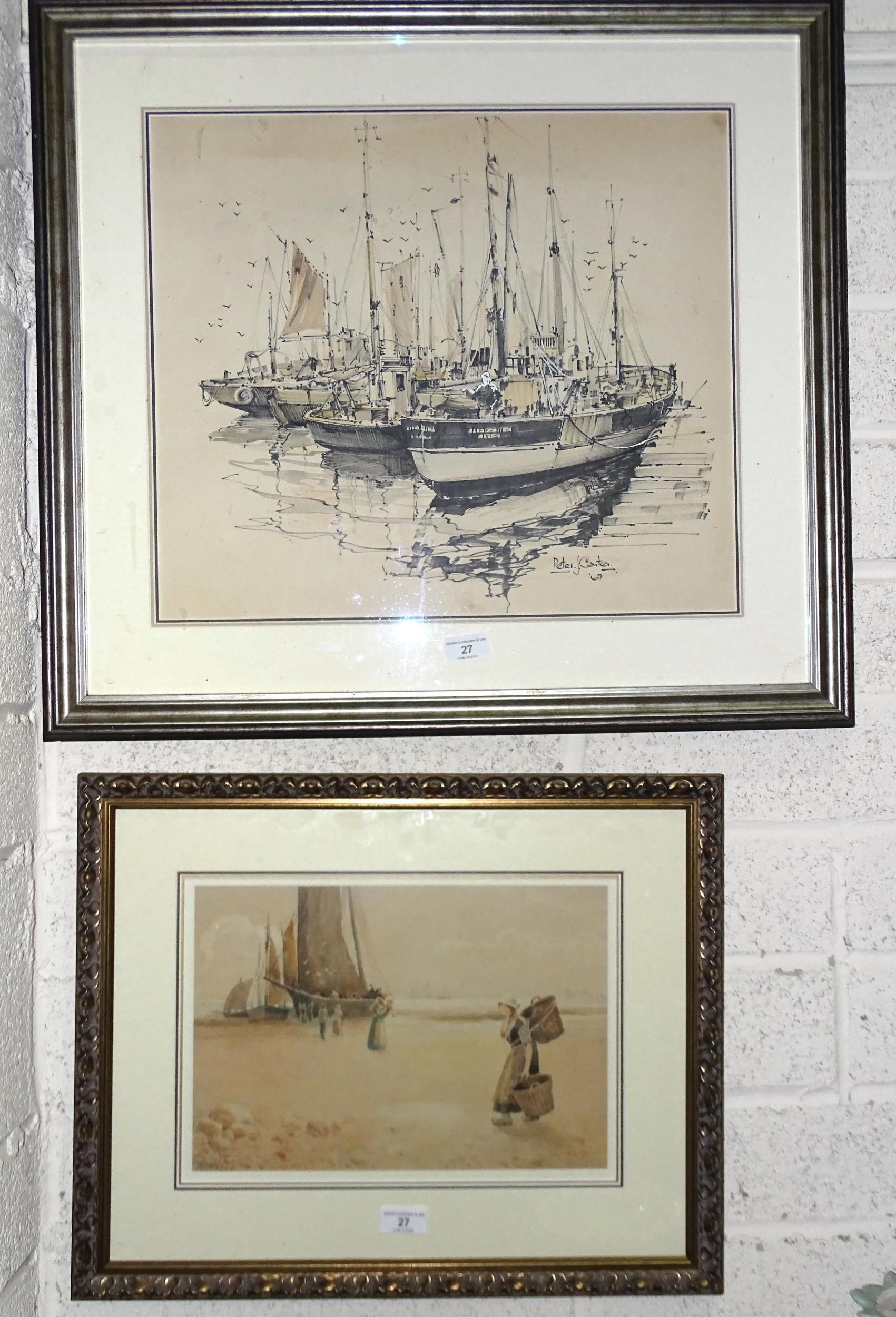 Peter J Carter, 'Fishing boats moored beside quay', ink and watercolour heightened in white,