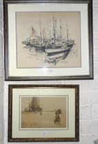 Peter J Carter, 'Fishing boats moored beside quay', ink and watercolour heightened in white,