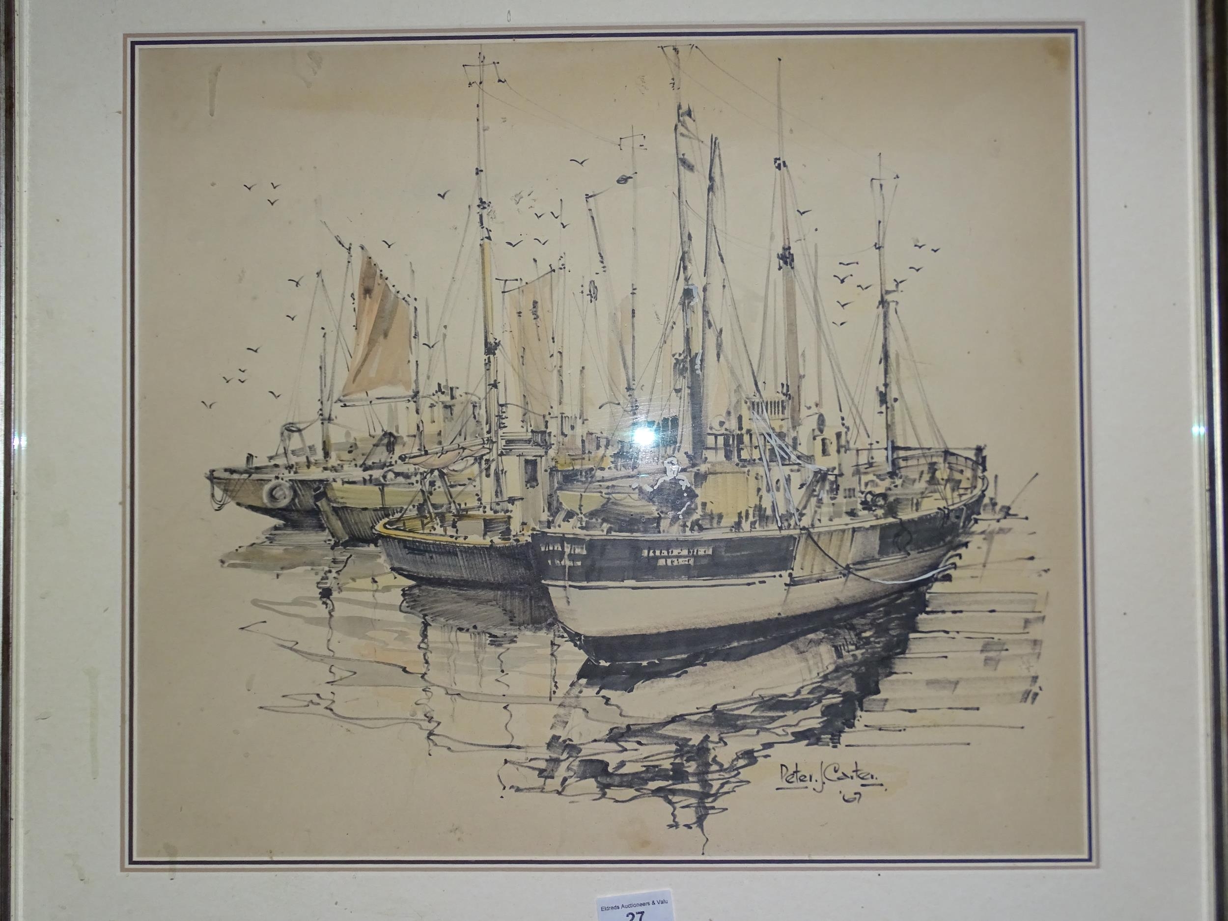 Peter J Carter, 'Fishing boats moored beside quay', ink and watercolour heightened in white, - Bild 2 aus 3