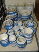 A collection of T G Green blue and white 'Cornish ware', including salt and sugar shakers, salt