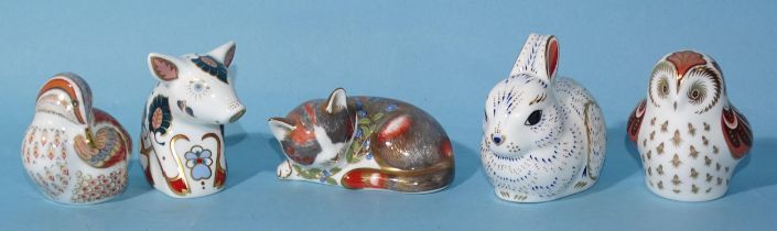 A collection of five Collectors' Guild Royal Crown Derby paperweights: "Catnap Kitten", "Bunny", "