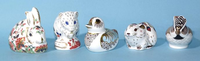 A collection of five Collectors' Guild Royal Crown Derby paperweights: "Meadow Rabbit", "Bank Vole",