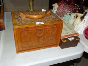 A Mah Jong set in carved chest, with lift-up front concealing five drawers, with carrying handle,