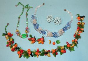 A 1950's Venetian glass fruit and vine necklace and matching earrings, (one leaf detached), a