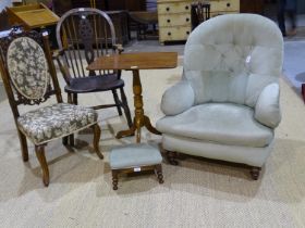 A Victorian upholstered salon chair, a walnut tripod table, a Victorian nursing chair, a foot