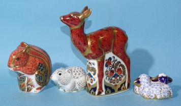 A collection of four Royal Crown Derby animal paperweights: "Fawn", "Red Squirrel", "Lambs" and "