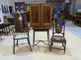 An Edwardian mahogany fold-over card table, a walnut prie deux chair, (a/f), a walnut two-door