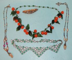 A vintage Murano-type glass bead clementine necklace c1950, with cluster of oranges and leaves, a