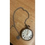 SILVER POCKET WATCH & CHAIN- THO RUSSELL & SONS LIVERPOOL (AF)