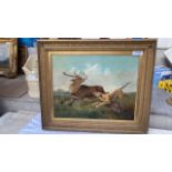 OIL PAINTING STAG & HOUND BY T HENTON (FRAME AF)