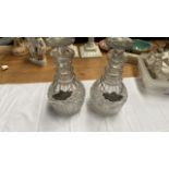 2 CUT GLASS DECANTERS WITH SILVER LABELS (AF)