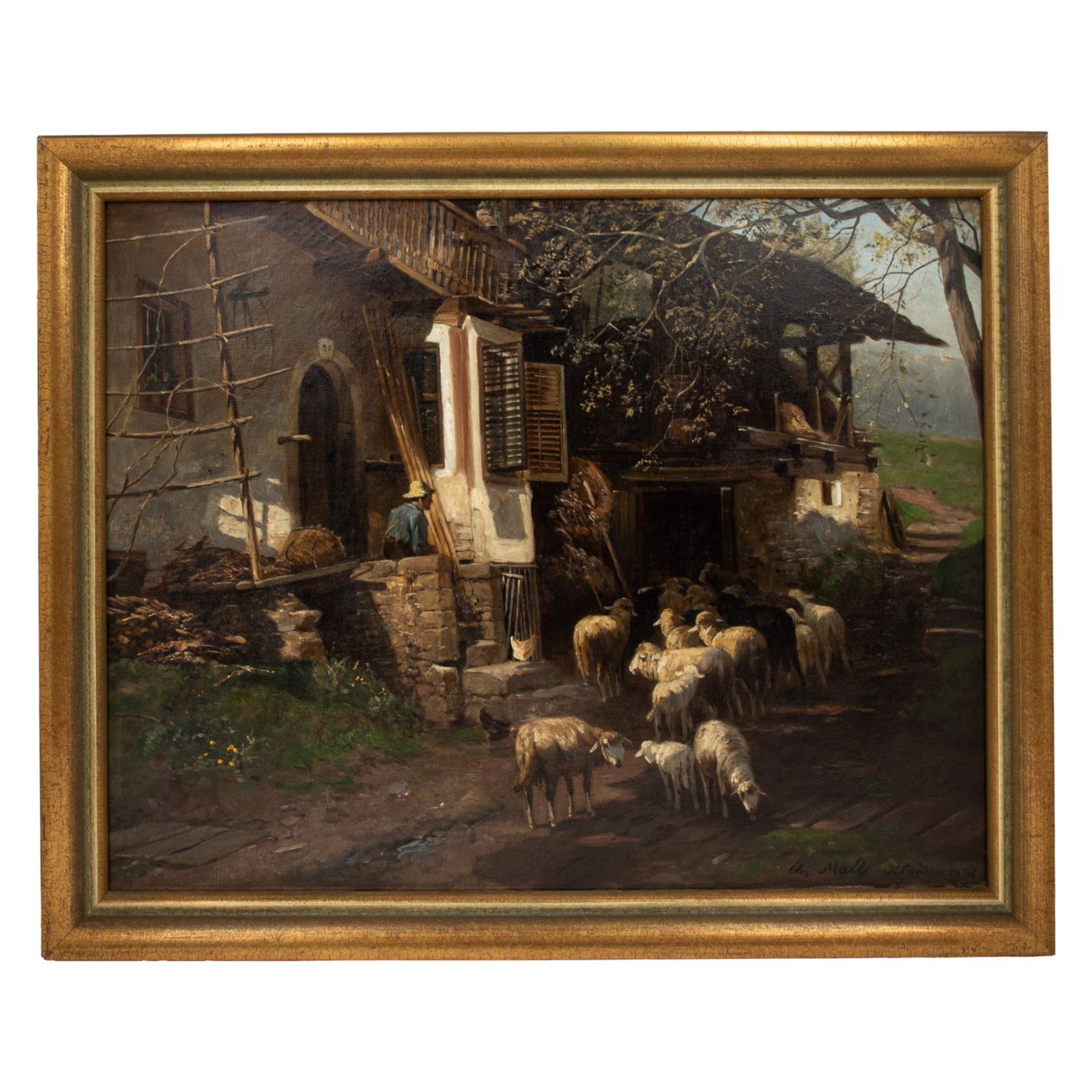 MALI, CHRISTIAN FRIEDRICH (1832-1906), "Hirte mit seiner Schafherde vor dem Haus", Klausen 1891, - Image 2 of 4