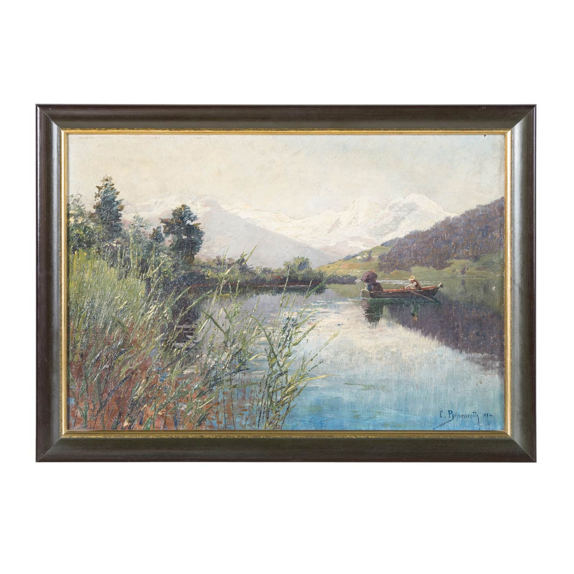 BÖSSENROTH, CARL (1863-1935), "Paar in einem Boot auf Gebirgssee", 1892, - Bild 2 aus 5