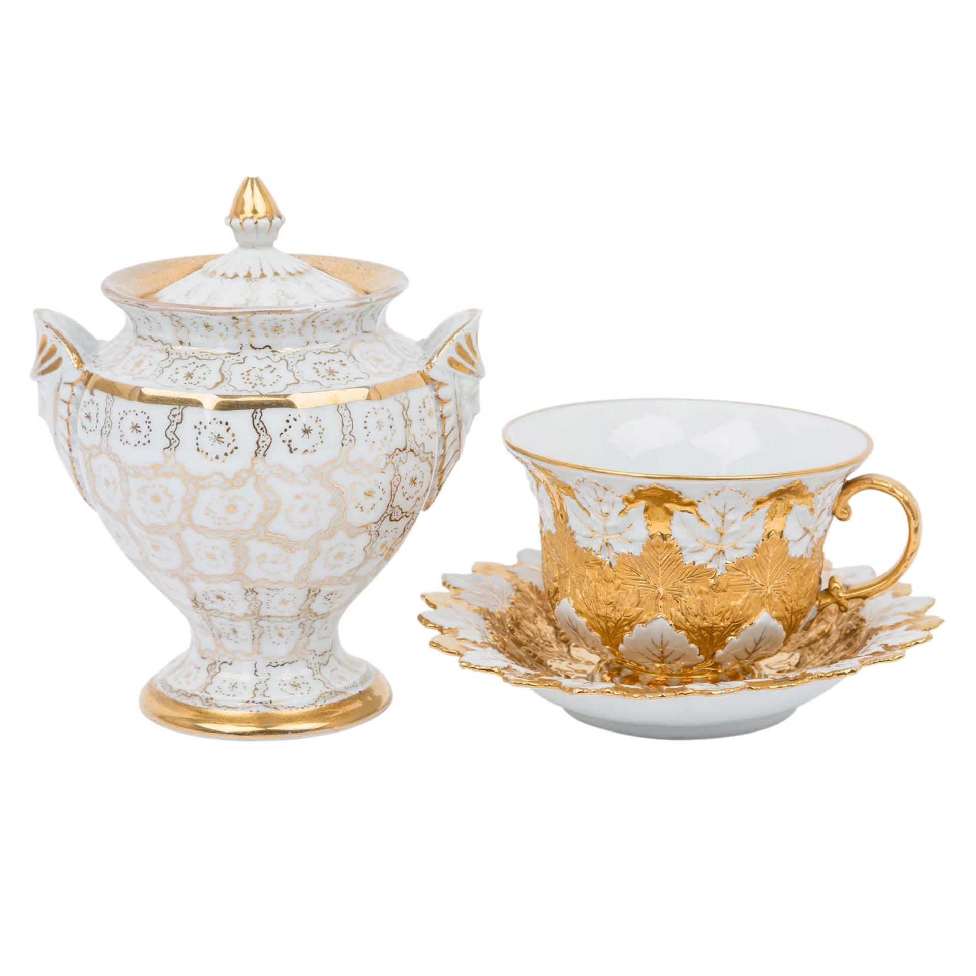 MEISSEN große Prunktasse mit Untertasse und Zuckerdose, 19./20. Jh.