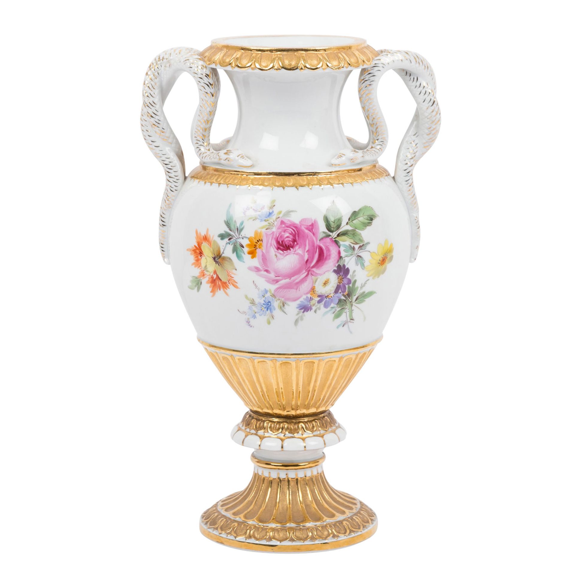 MEISSEN Schlangenhenkelvase 'Blumenbukett', 1. Wahl, vor 1924.