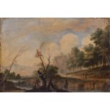 KONINCK, Jakob I, ATTRIBUIERT (um 1614-1708), "Flusslandschaft Jägern und Angler",