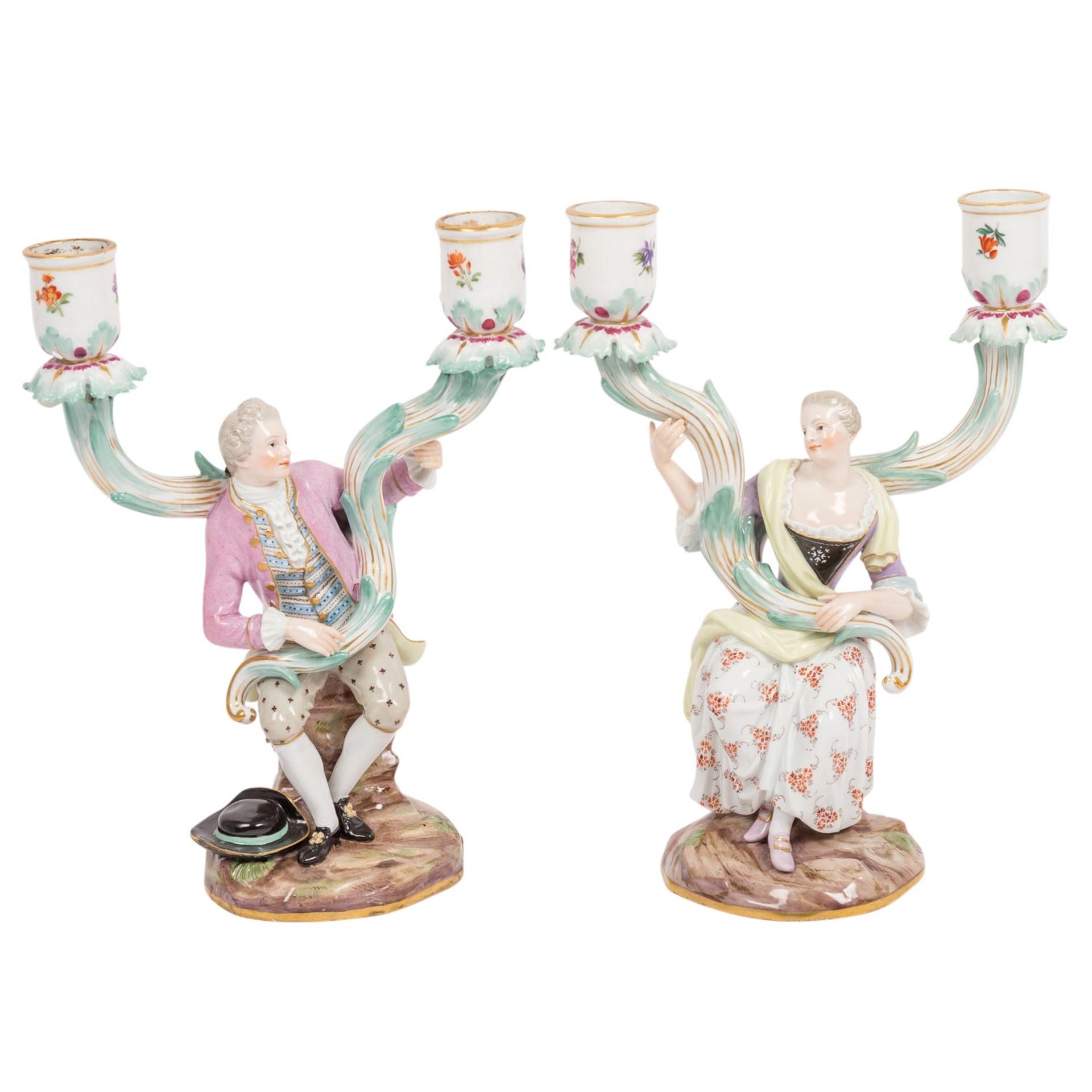 MEISSEN Paar 2-flammige Figurenleuchter, 1860-1924,