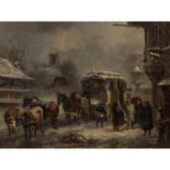 BACH, G., wohl GUIDO (1828-1905), "Postkutsche vor einem Gasthof in verschneiter Stadt",