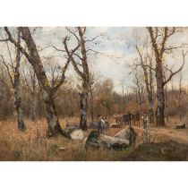 EILERS, CONRAD (1845-1914), "Holzfuhrwerk in herbstlichem Wald",