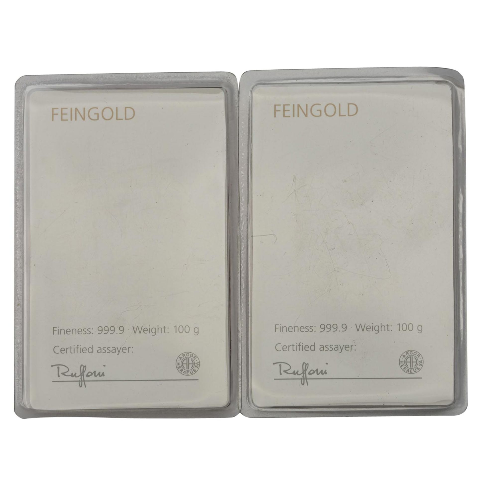 2 x 100 Gramm Goldbarren, gegossene Form, Hersteller Degussa, - Image 2 of 2