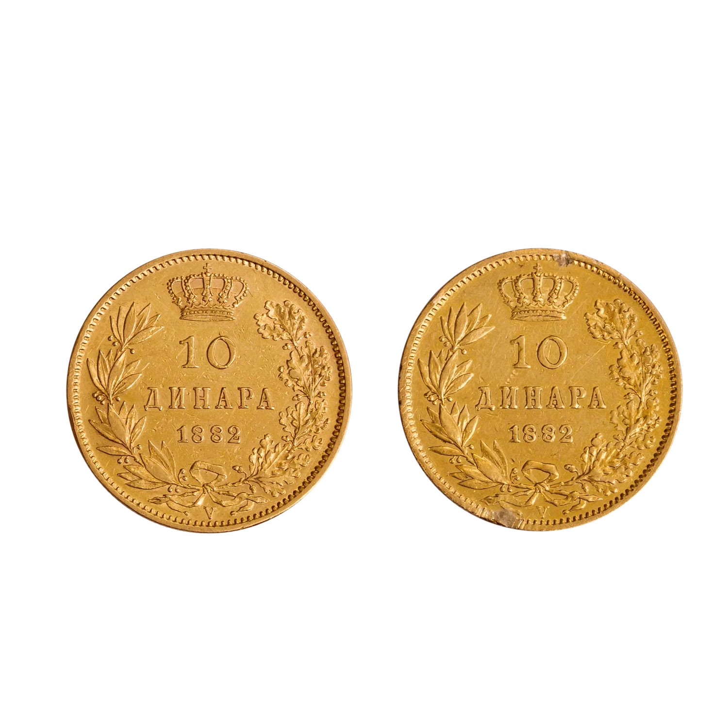 2 x Serbien - 10 Dinara 1882, König Milan Obrenovich IV., - Image 2 of 2