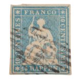 Schweiz - 1854/63, 10 Rappen blau, sitzende Helvetia, Münchner Druck, Erstauflage,
