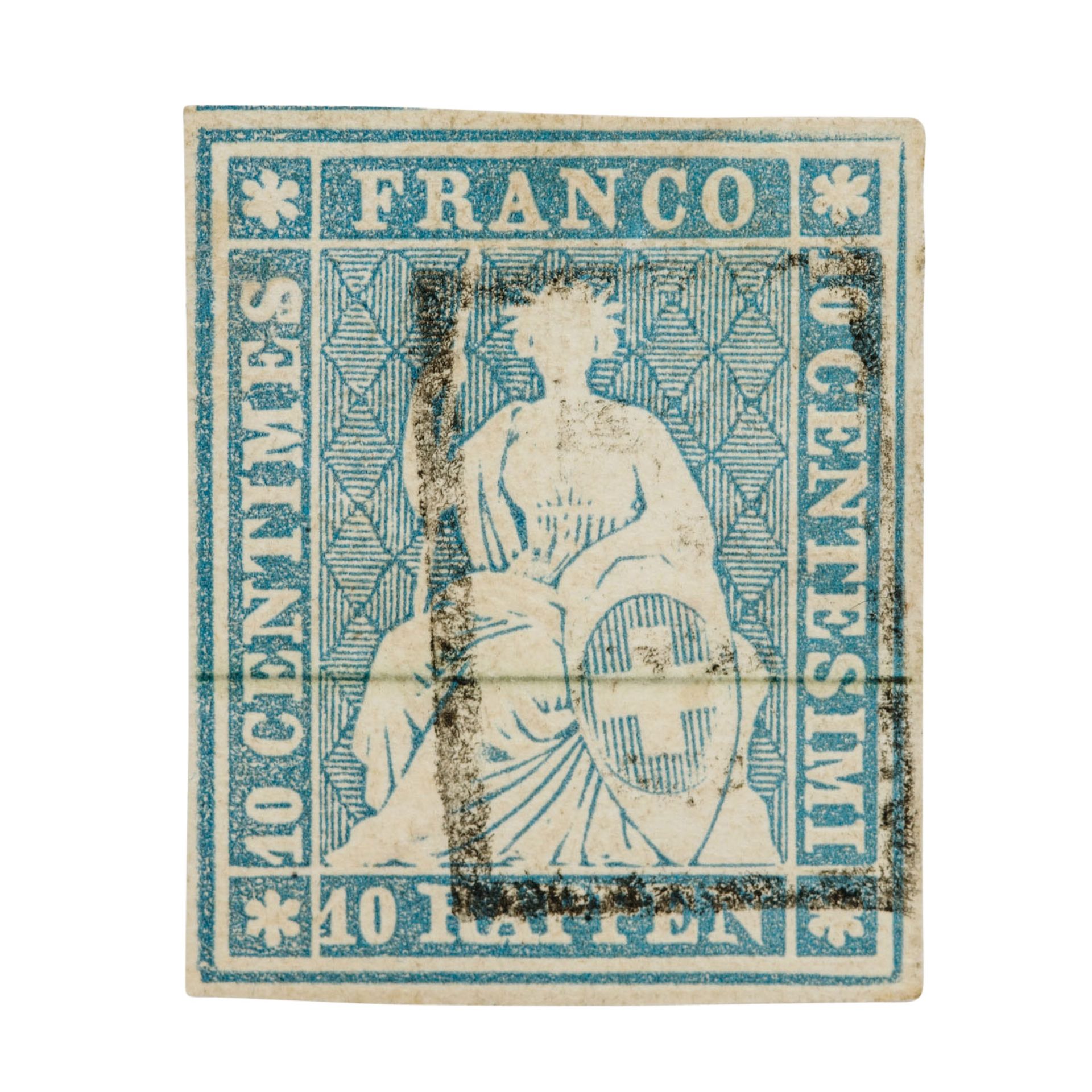 Schweiz - 1854/63, 10 Rappen lebhaftpreussischblau, sitzende Helvetia, ungezähnt, Münchner Druck, au