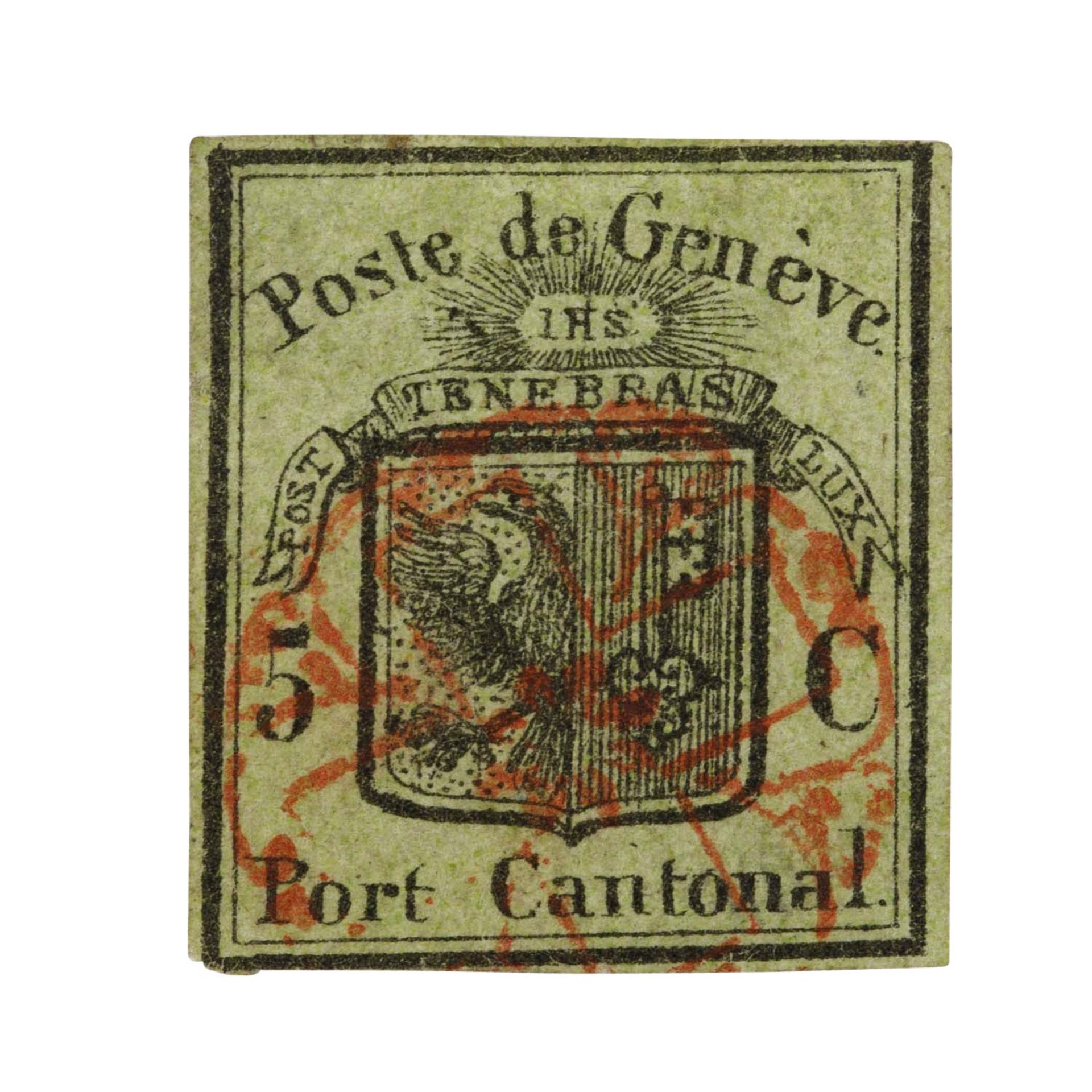 Schweiz, Kanton Genf - 1846, 5 Centimes schwarz auf gelbgrün, großes Genfer Wappen,  - Bild 2 aus 3