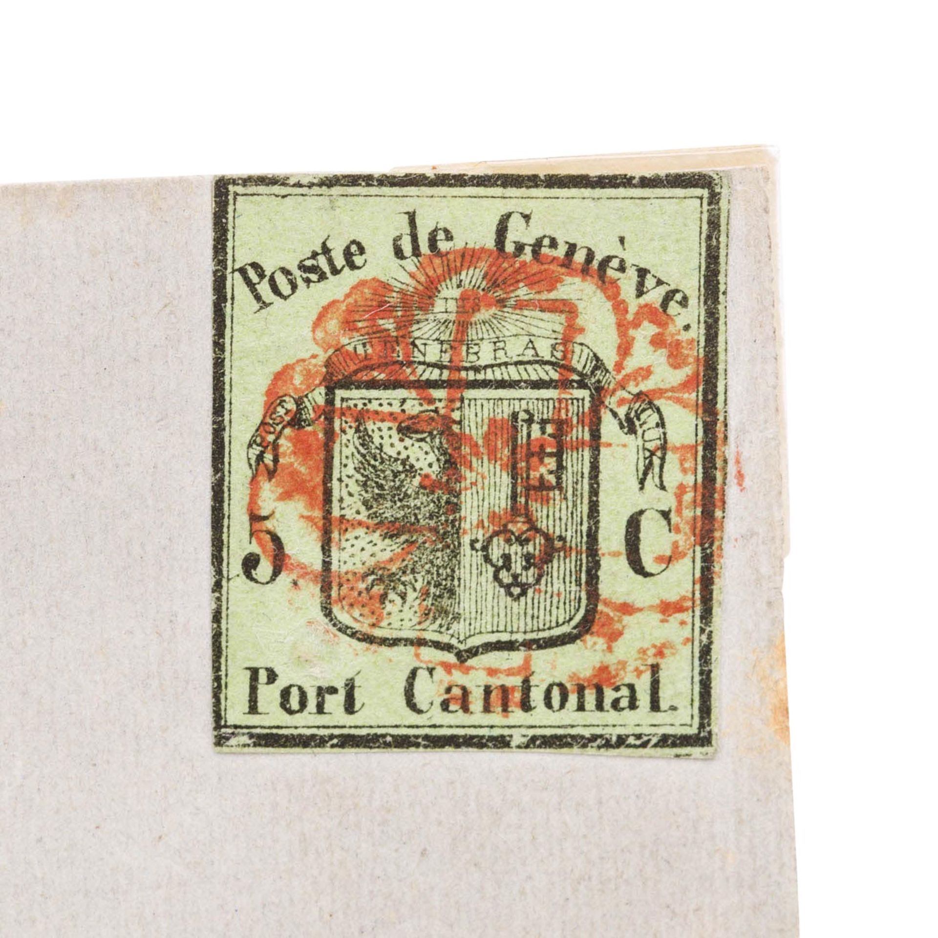 Schweiz, Kanton Genf - 1845, 5 Centimes schwarz auf gelbgrün, kleines Genfer Wappen auf Faltbriefums - Bild 2 aus 3