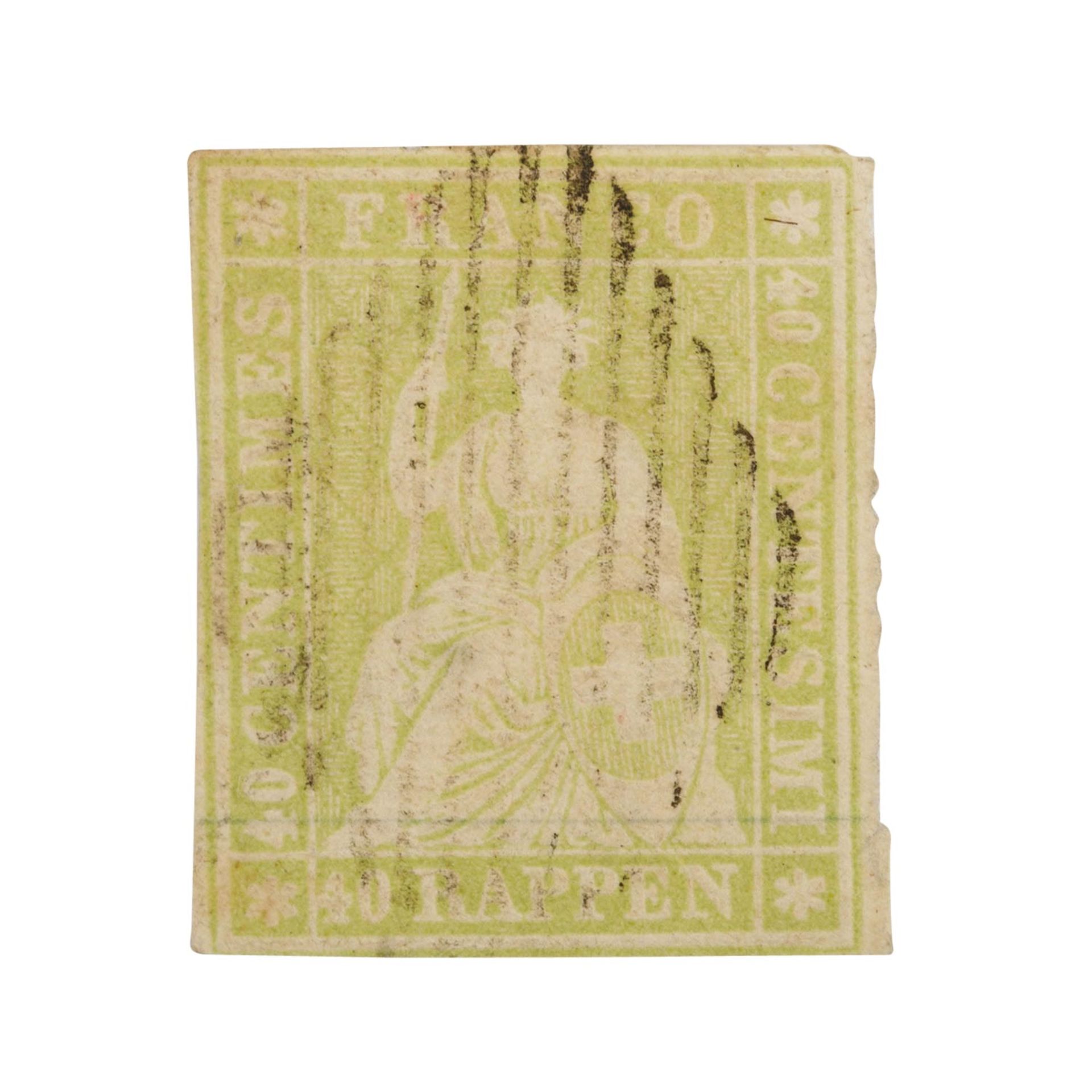 Schweiz - 1854/63, 40 Rappen gelbgrün, sitzende Helvetia, Münchner Druck,  - Bild 2 aus 3