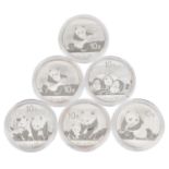 China /SILBER - 6 x 10 Yuan Panda 1 Unze