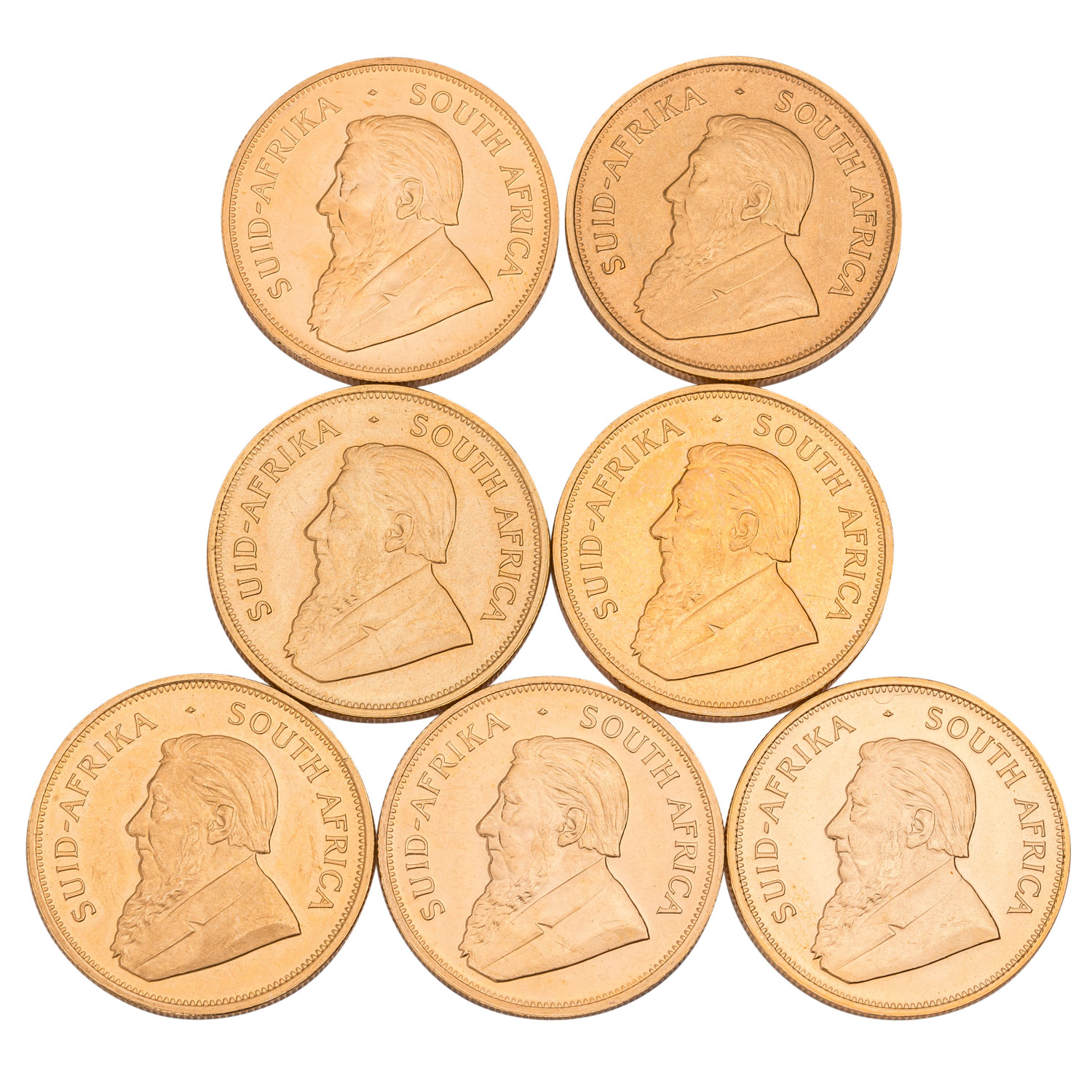 7 x Südafrika/Gold - 1 Krügerrand der Jahre 1975/1977 (2x)/ 1978 (2x) / 1979 (2x),