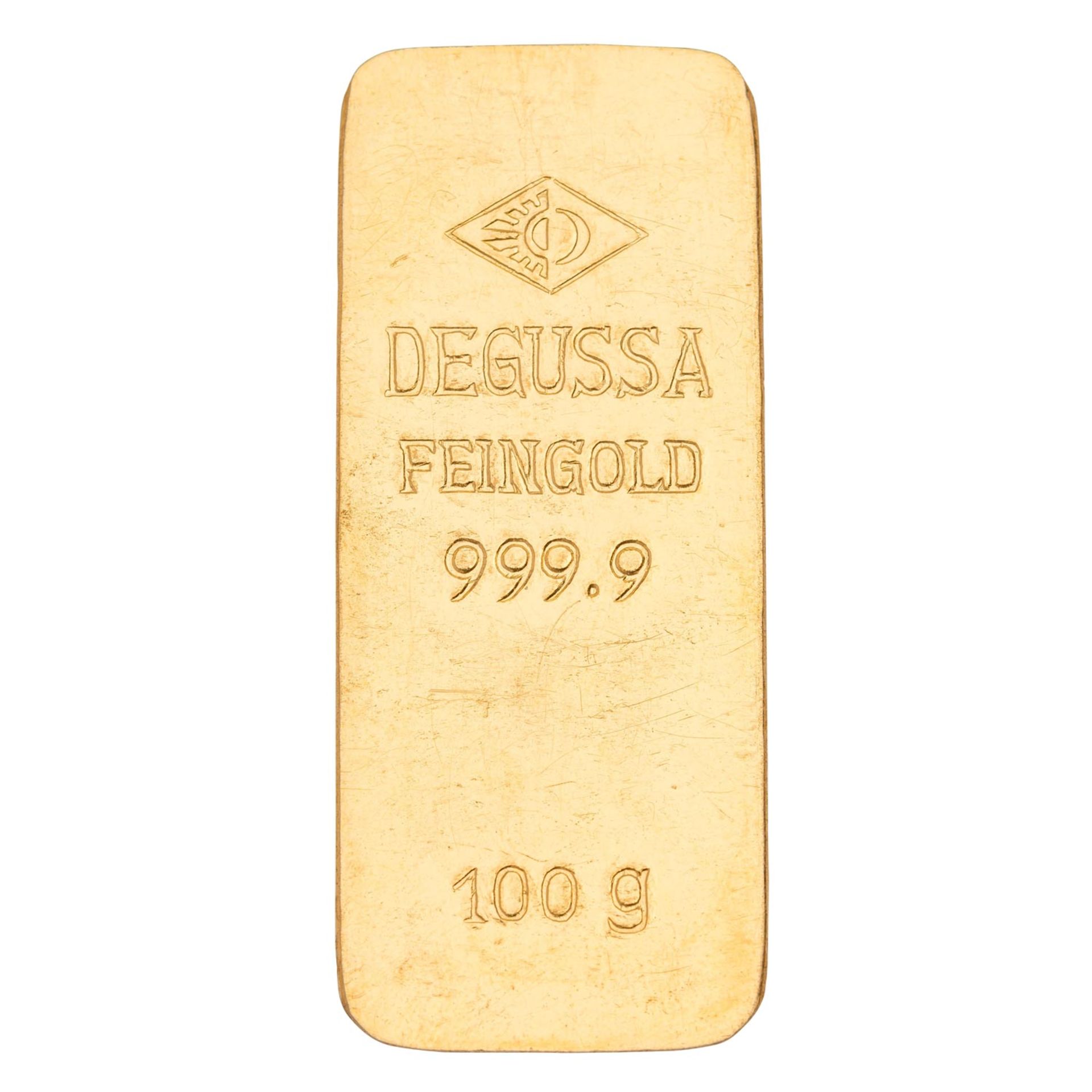 GOLDbarren – 100 g GOLD fein, Goldbarren gegossen, Hersteller Degussa, 