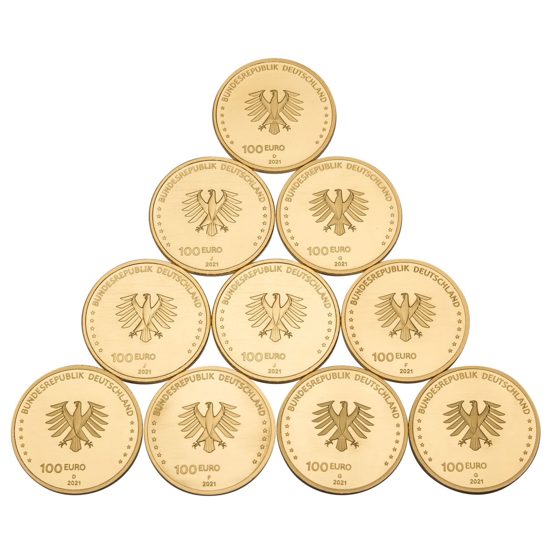 10 x BRD/GOLD - 100€ 2021 mit den Prägestätten D(2x) / F(2x)/G (3x)/J (3x), 