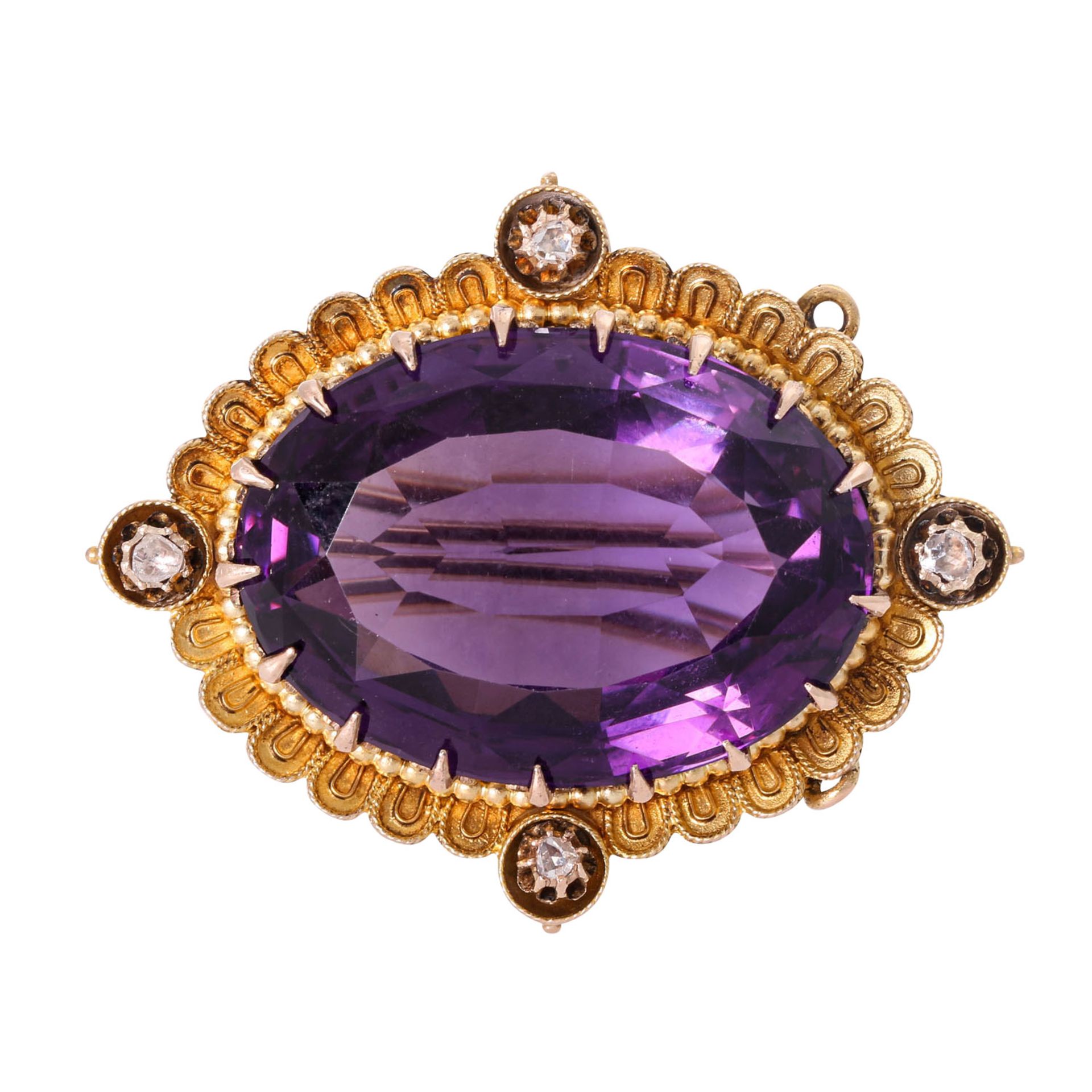 Brosche mit Amethyst und 4 Diamantrosen, ca. 0,1 ct,