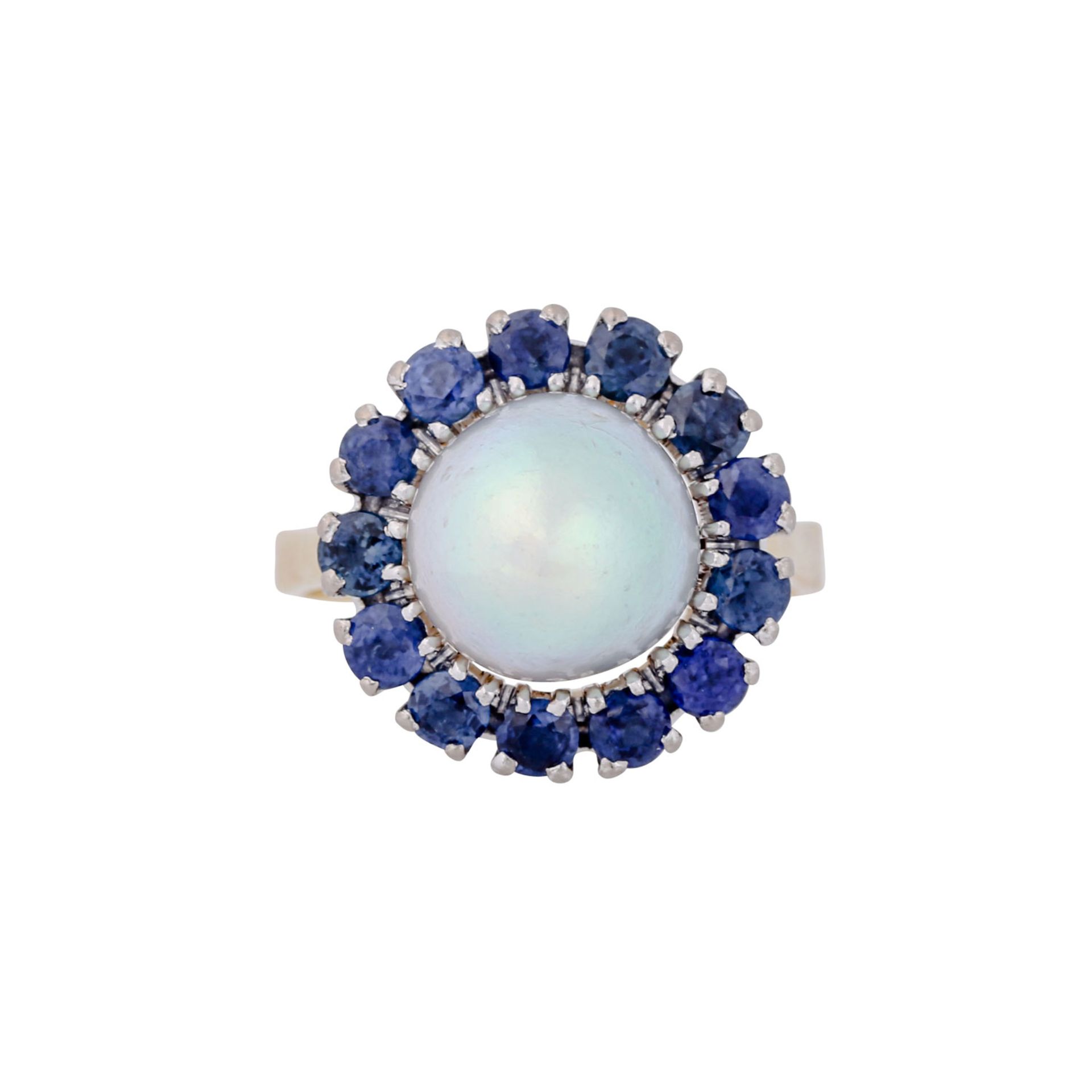 Ring mit Perle umgeben von feinen Saphiren zus. ca. 1,1 ct, - Bild 2 aus 3