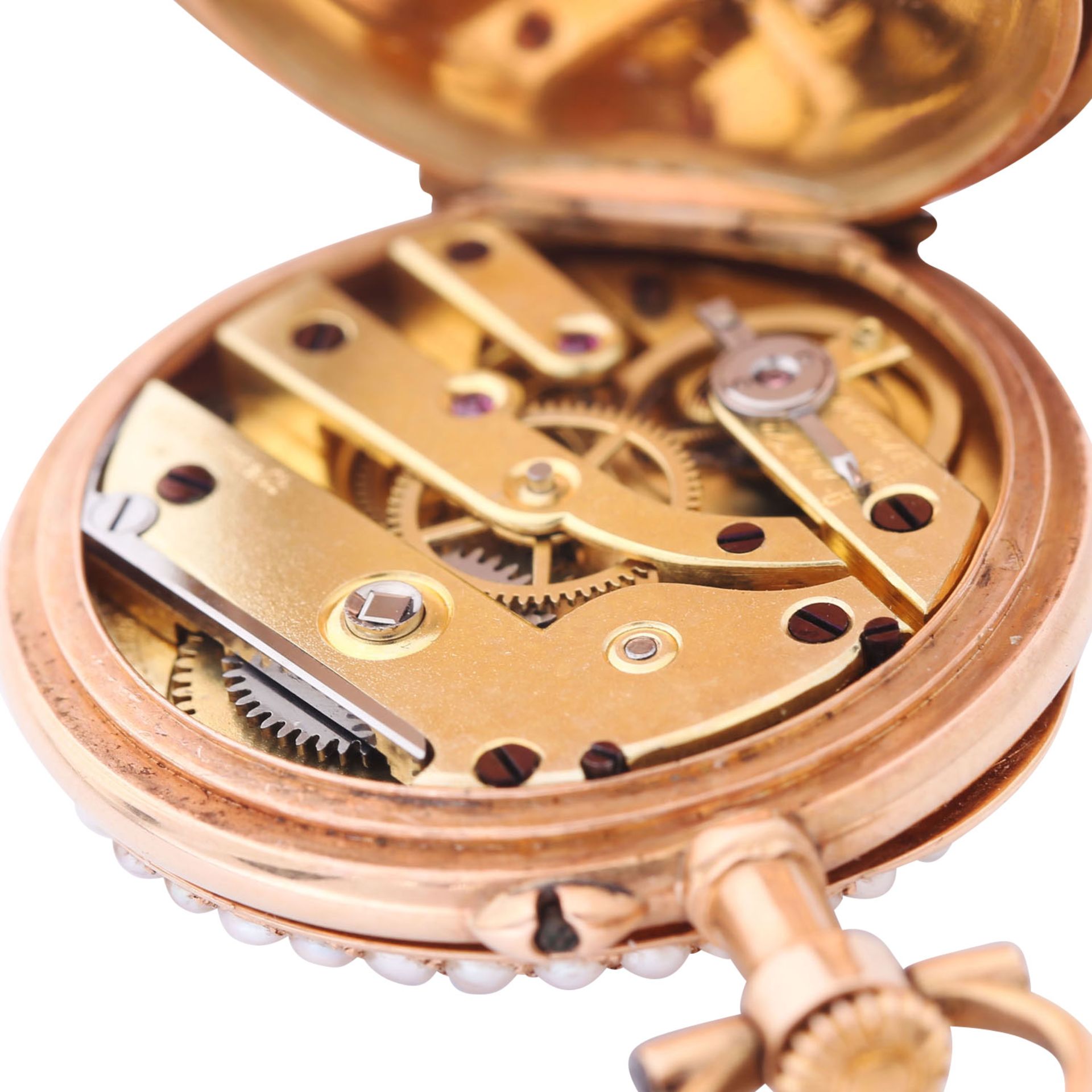 LeCoultre & Co. hochfeine offene Damen Taschenuhr Anhängeuhr mit Lupenmalerei und Emaillierung. - Bild 7 aus 10