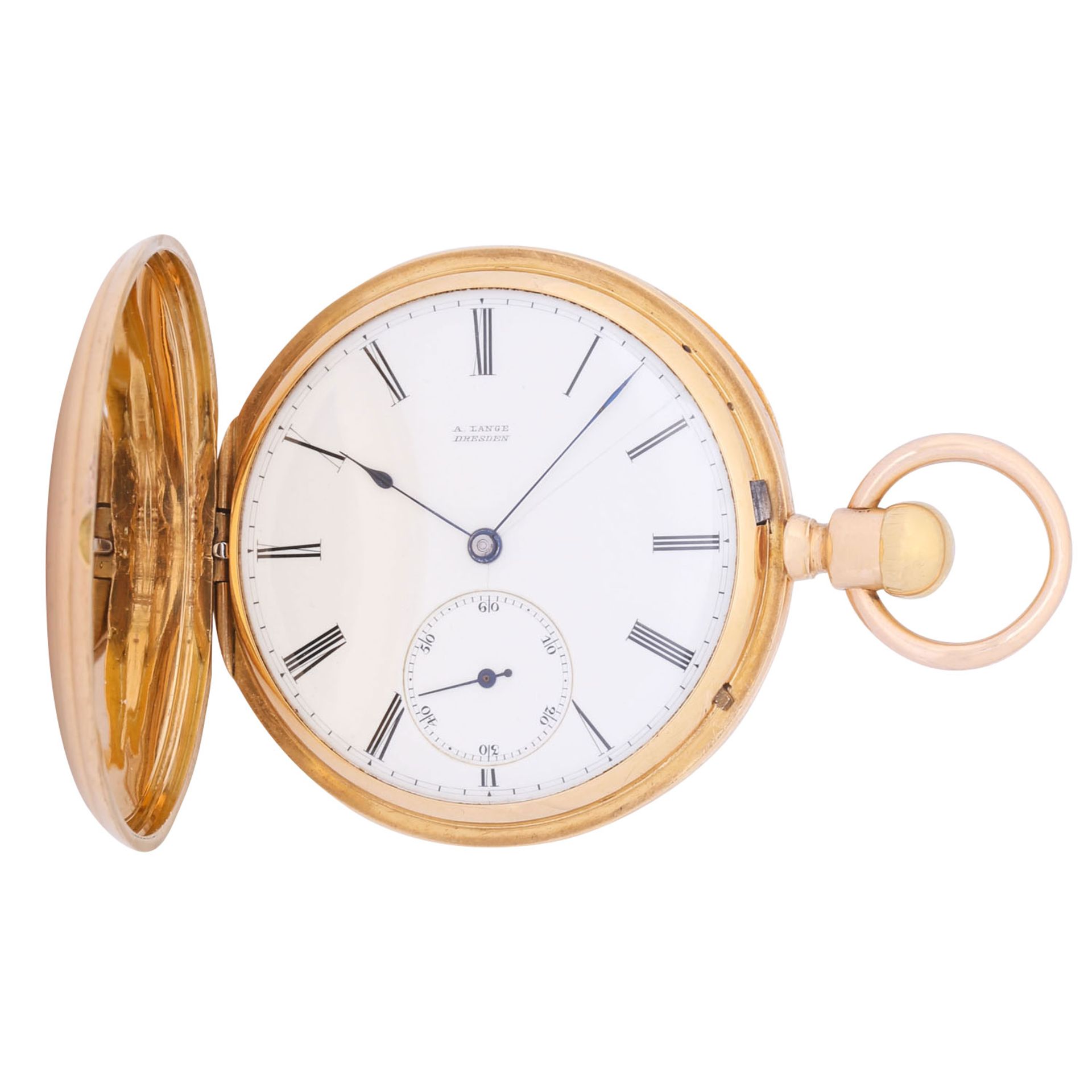 A. Lange & Söhne Dresden seltene Savonette Taschenuhr in 1A-Qualität mit Stammbuchauszug. Aus 1875.