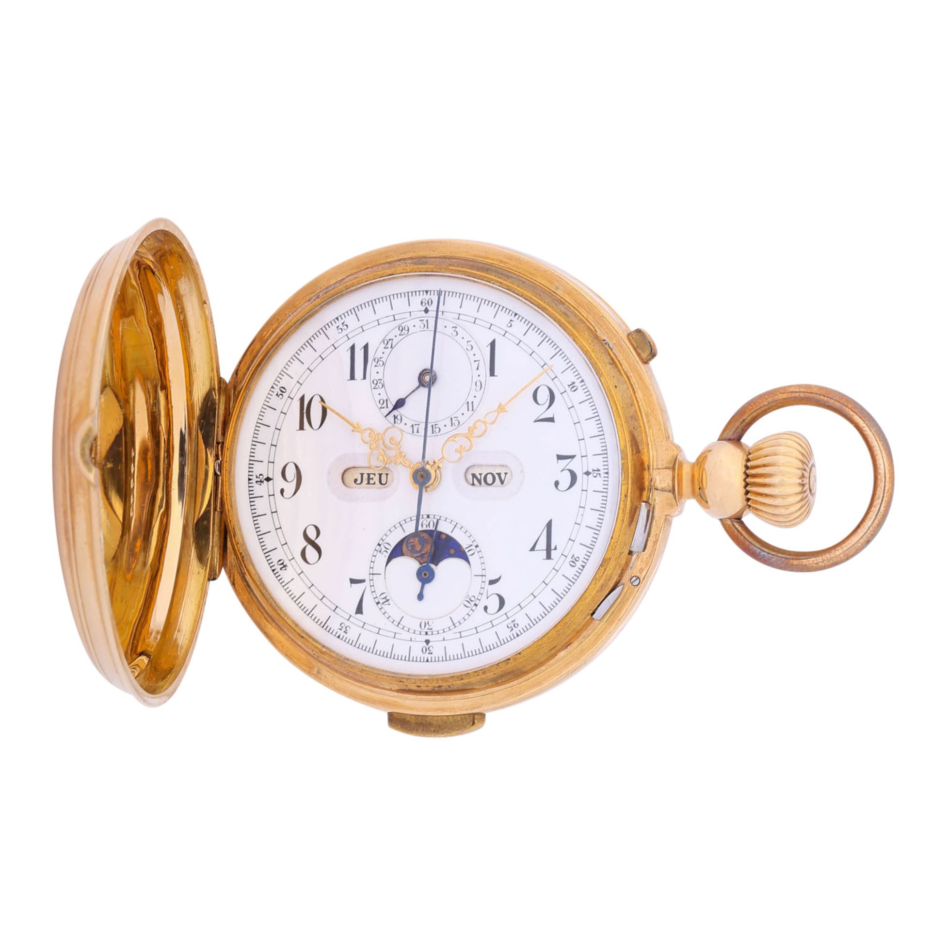 Große, schwere astronomische Goldsavonette Taschenuhr mit Vollkalender, Chronograph und Viertelrepet