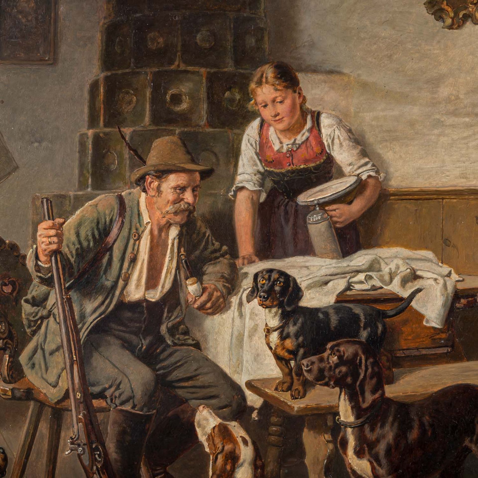 EBERLE, ADOLF (1843-1914) "Jäger mit seinen Hunden in der Stube" 1893 - Bild 4 aus 5