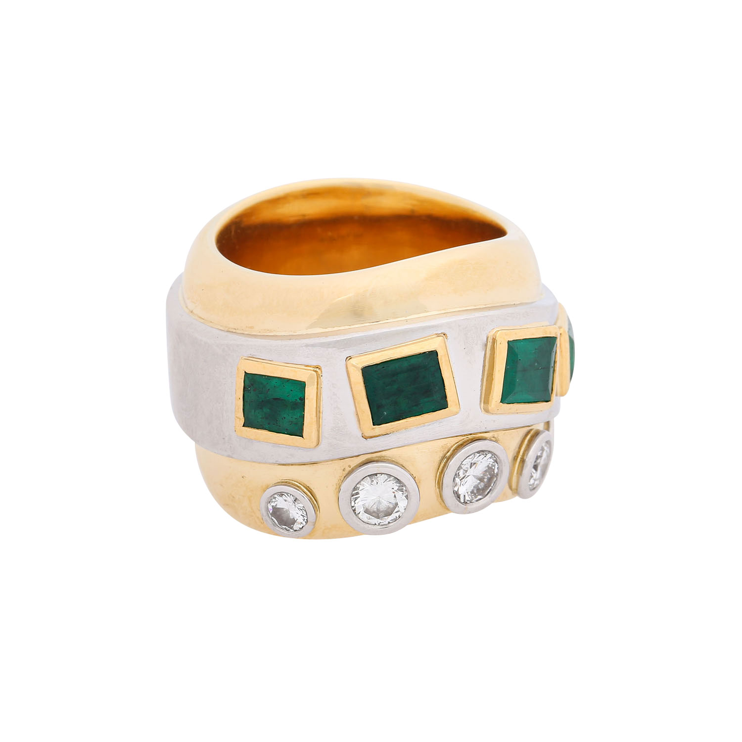 Unikat Ring mit 5 Smaragden und 6 Brillanten zus. ca. 0,95 ct,