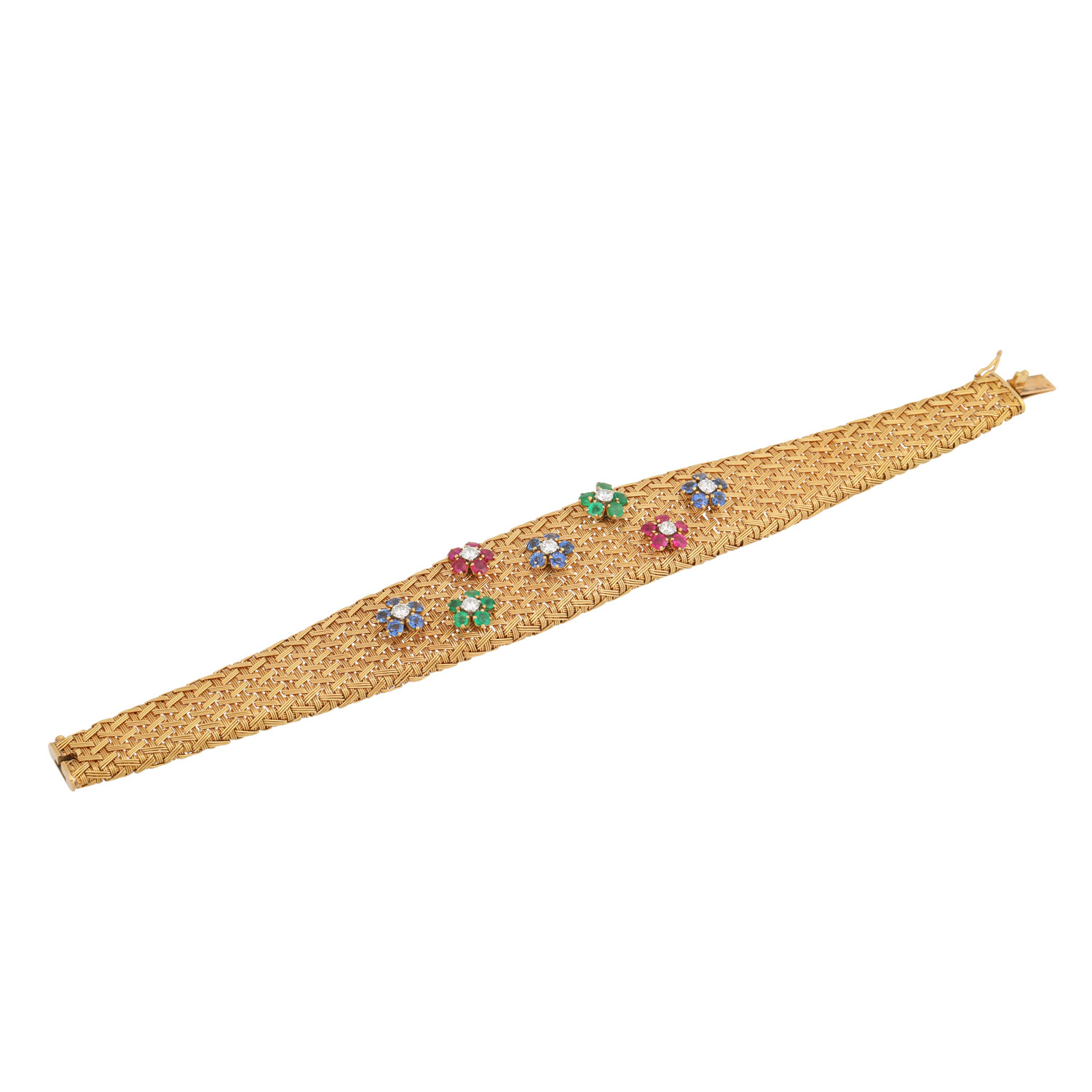 Flechtarmband mit Blüten aus Rubinen, Saphiren, Smaragden und Brillanten, - Image 4 of 6